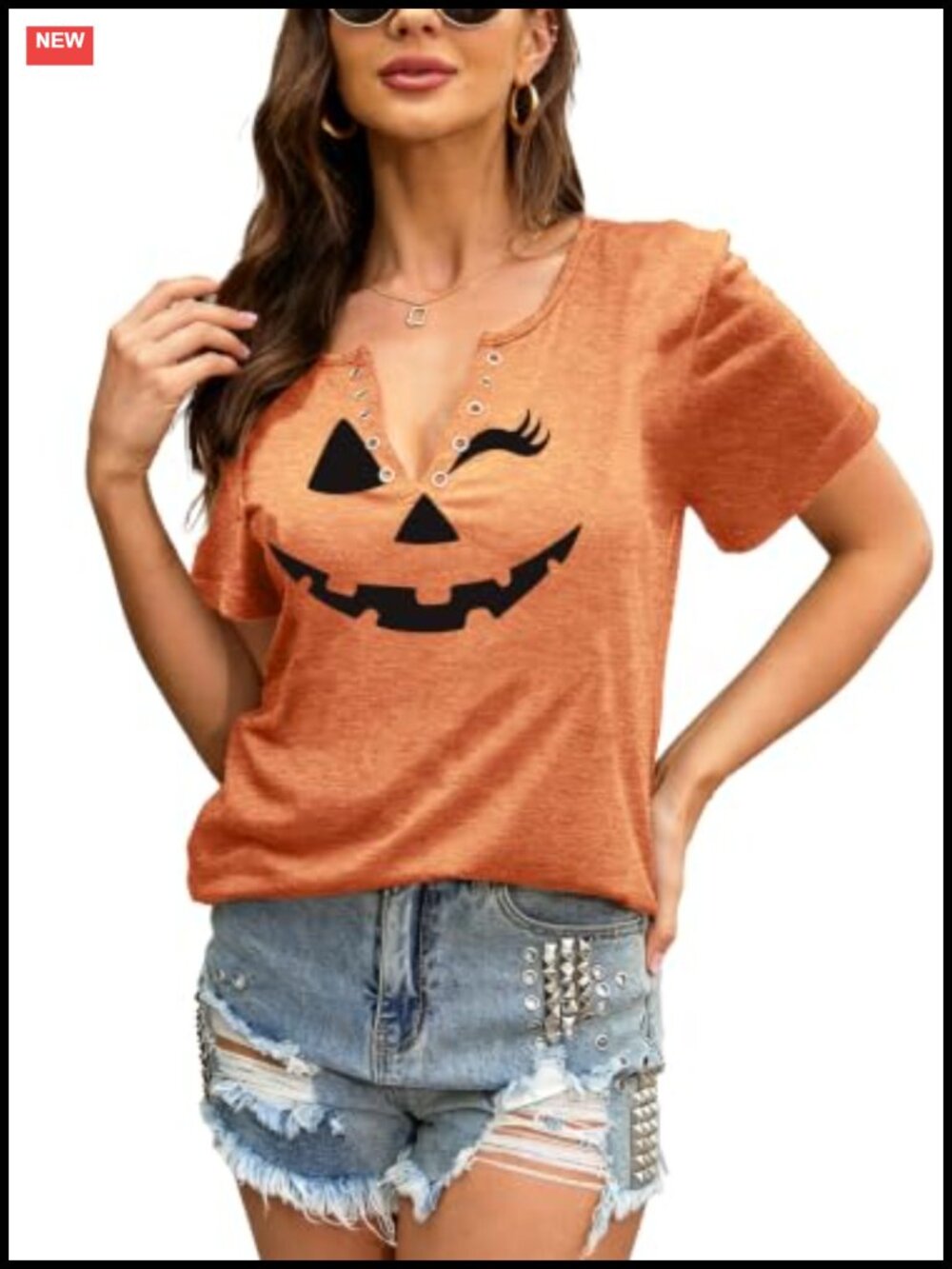 Halloween Pumpkin Face Shirt Women Hocus Pocus Tee V-Neck Funny Top